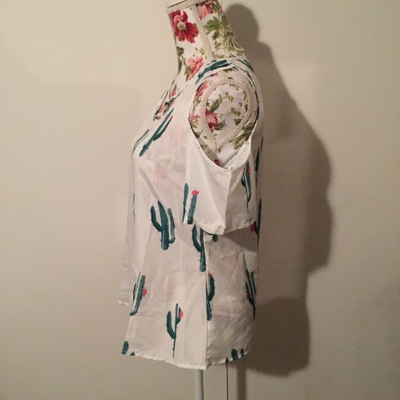 Cold Shoulder Cutout Cactus Strappy Shirt Top Tee - Picture 7 of 8